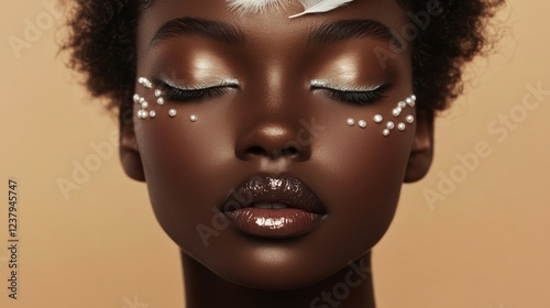 beautiful black woman portrait with pearl makeup photo