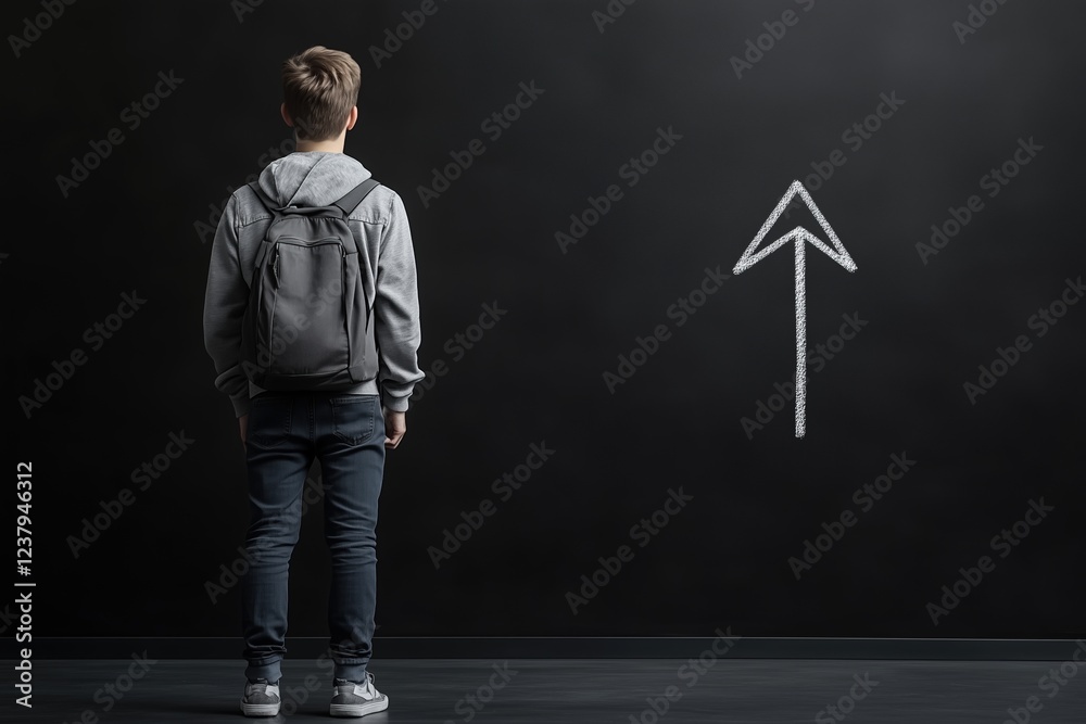Boy with a backpack facing a blackboard with a chalk-drawn upward arrow. Concept of growth and direction. Boy with a backpack facing a blackboard with a chalk-drawn upward arrow. Concept of growth and direction.