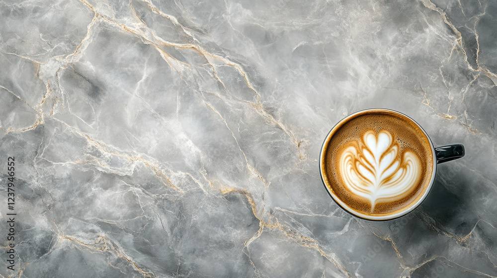 Naklejka premium top down shot of cappuccino cup with latte art on marble surface, showcasing intricate design and warm colors of drink