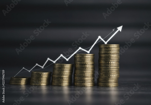 Ai image An image depicting financial growth by stacks of golden coins and an upward white chart trendline, set against a sleek black background. photo