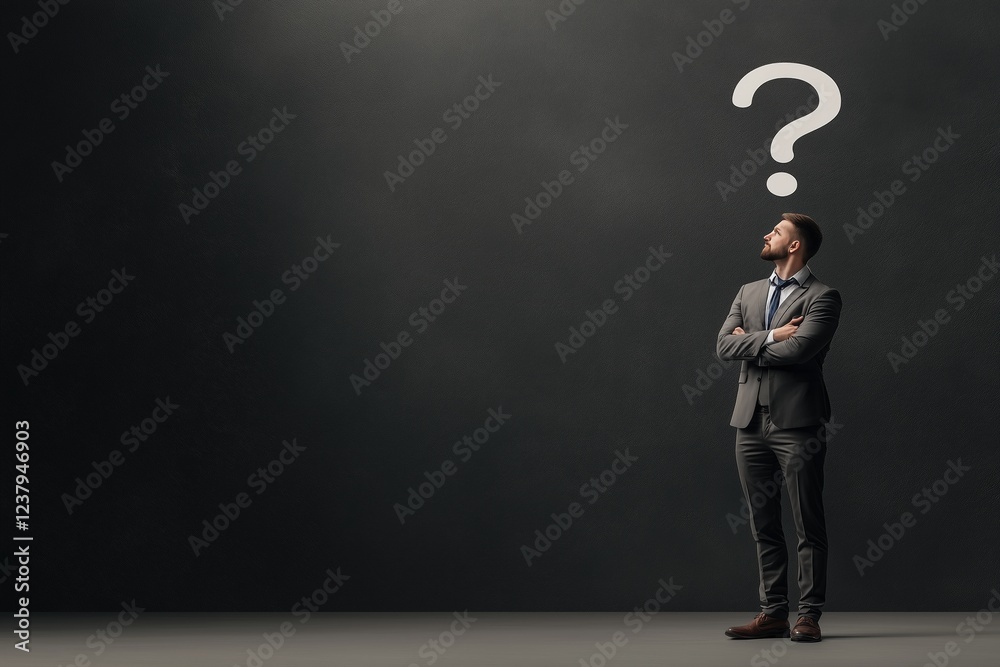 Businessman standing under a chalk-drawn question mark on a blackboard. Concept of decision-making and uncertainty. Businessman standing under a chalk-drawn question mark on a blackboard. Concept of decision-making and uncertainty.