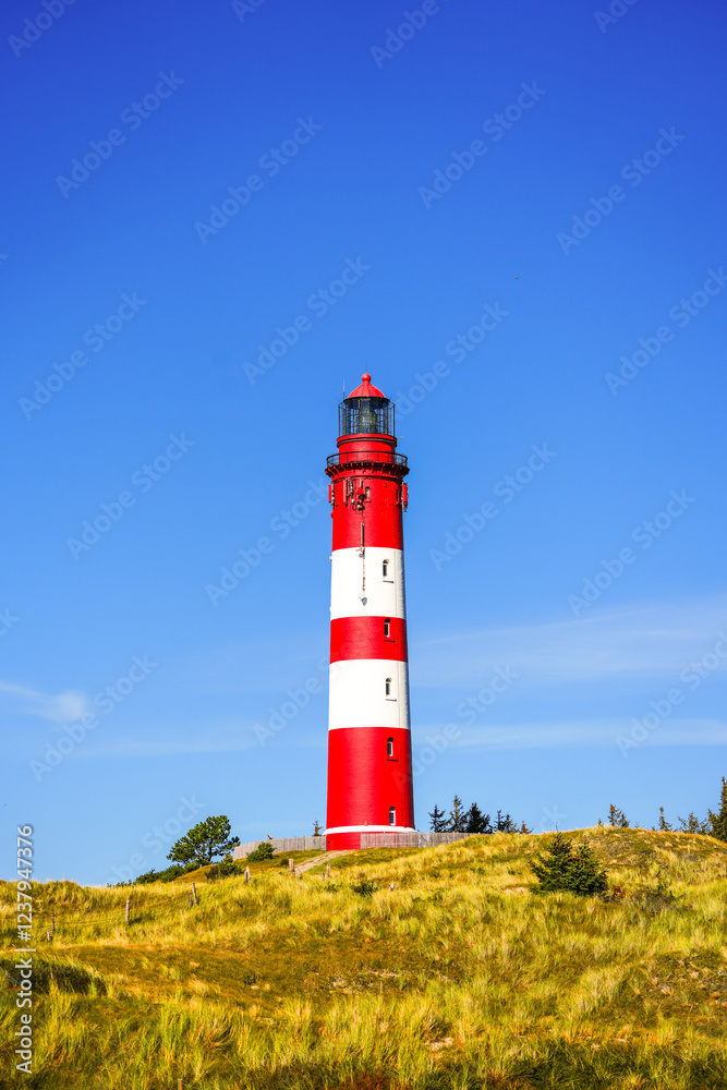 View of the dunes on the North Frisian island of Amrum. Landscape in the north. Nature on the North Sea island with a lighthouse.
View of the dunes on the North Frisian island of Amrum. Landscape in the north. Nature on the North Sea island with a lighthouse.