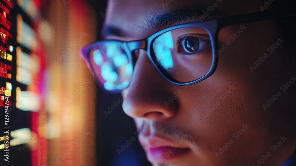 man in glasses focused on computer screen with data man in glasses focused on computer screen with data