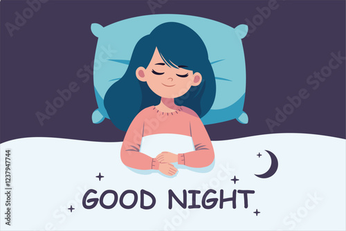 Sweet dreams banner. Child is fast asleep, having a good sleep. The child lies in bed under a soft blanket and has a healthy sleep. Healthy sleep. Good night. Vector illustrration.