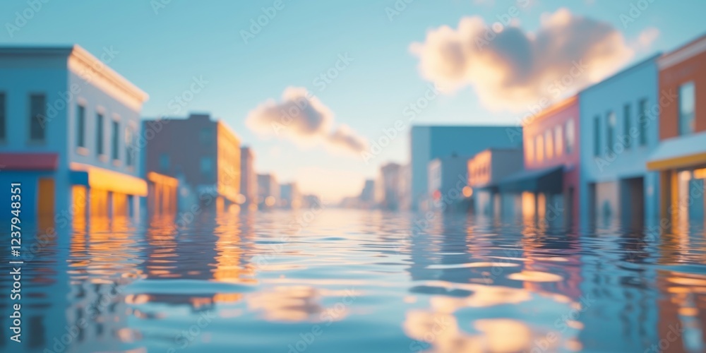 Fototapeta premium Flooded Street Scene with Sunshine and Reflection on Water