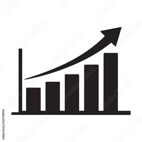 A modern, clean silhouette of a bar chart with an upward arrow. The chart has five bars, with the last bar being the tallest. The chart is placed on a white background. 