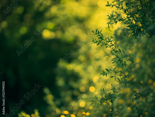 Green foliage bokeh background, lush green leaves in sunlight, nature backdrop for spring or summer designs