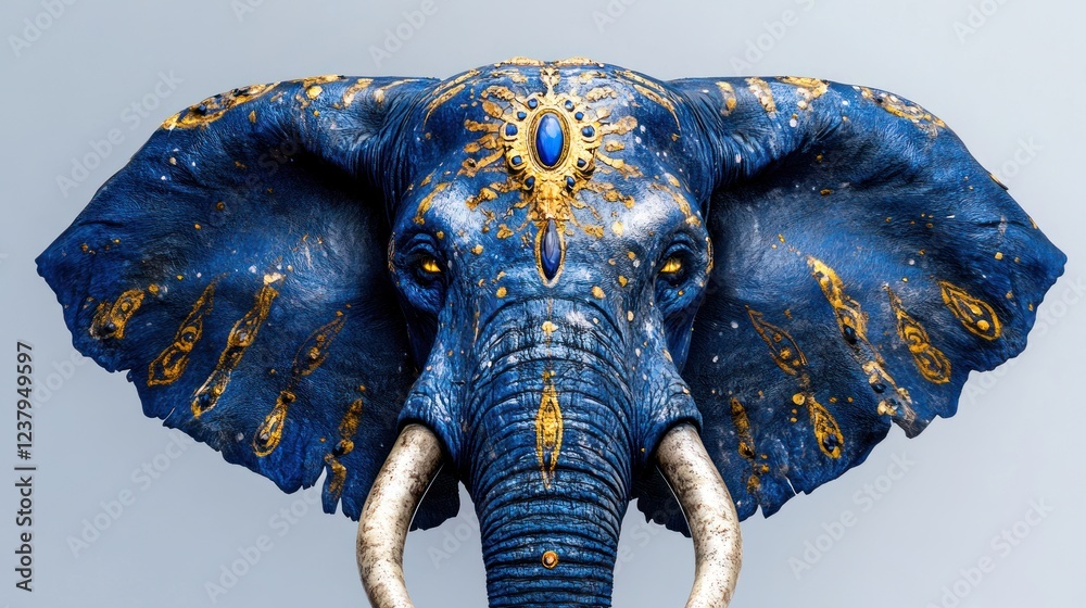 Obraz premium Fantasy Watercolor Ornate Elephant with Blue Skin Isolated on Background.