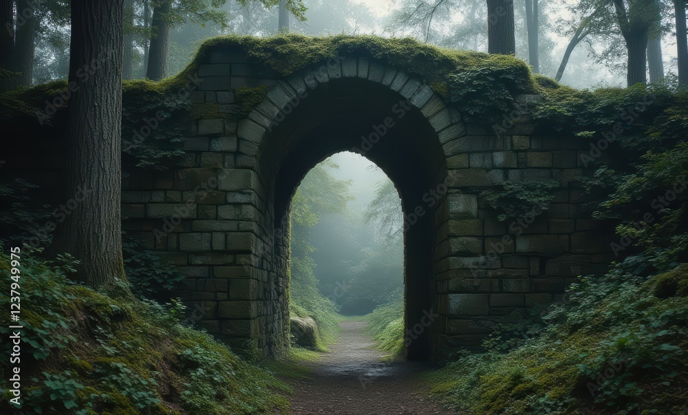 Mysterious stone arch in a misty forest Mysterious stone arch in a misty forest