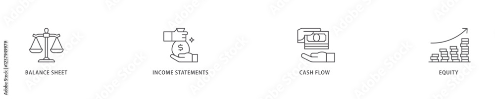 Financial statements icon set flow process which consists of graph, balance sheet, pie chart, income statements, money, calculator, income, earningicon live stroke and easy to edit . Financial statements icon set flow process which consists of graph, balance sheet, pie chart, income statements, money, calculator, income, earningicon live stroke and easy to edit .