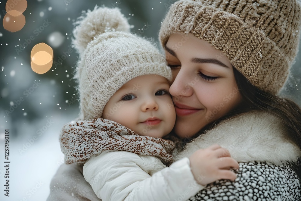 Mother and baby embracing in a winter landscape, dressed in warm knitted hats and scarves while snowflakes fall around them, capturing a moment of love and warmth in the cold season
Mother and baby embracing in a winter landscape, dressed in warm knitted hats and scarves while snowflakes fall around them, capturing a moment of love and warmth in the cold season