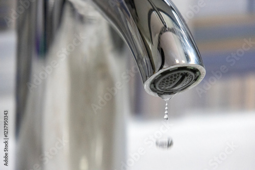 Water drips from leaky faucet