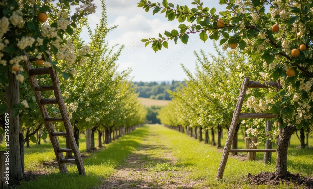 Ladders in a blossoming orchard Ladders in a blossoming orchard
