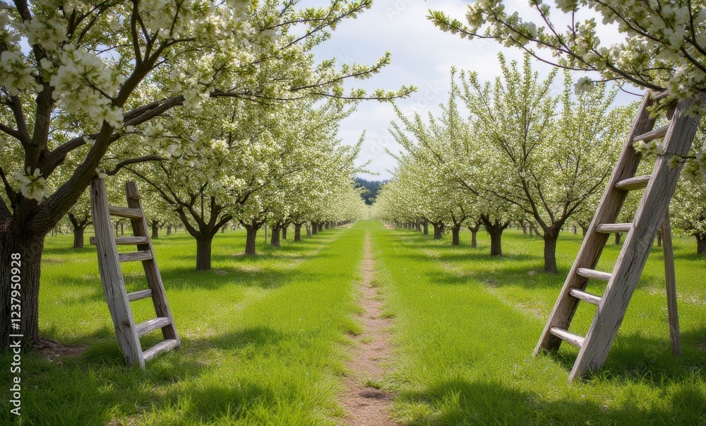 Beautiful orchard lined with blooming trees Beautiful orchard lined with blooming trees
