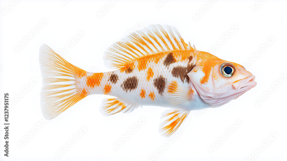 Fototapeta premium Top view of sea bass revealing vibrant orange-brown patterns, distinctive fins highlighting marine elegance against pristine white surface
