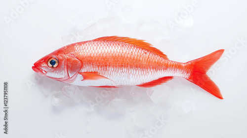 Red mullet resting on crushed ice, highlighting glistening scales and translucent eyes, signaling premium seafood quality and freshness photo