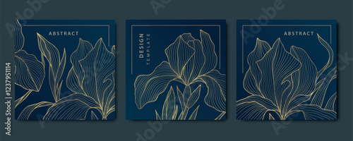 Vector flower line art background, luxury floral plant illustration, royal vintage template. Elegant irises, petals japanese cards