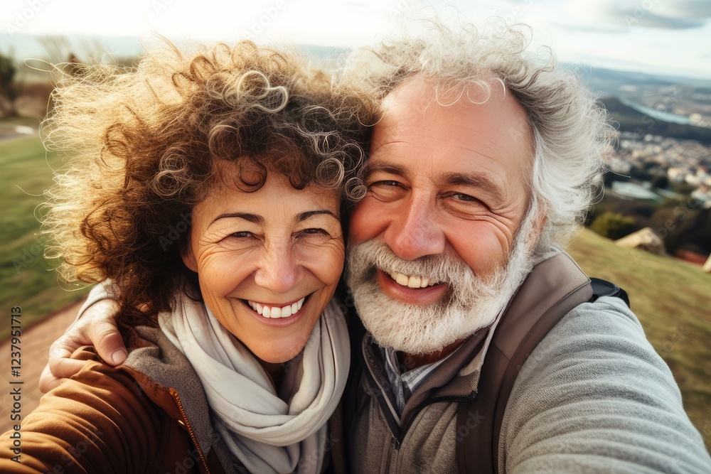 Senior couple smiling and embracing while taking a selfie during a hike in a natural landscape Senior couple smiling and embracing while taking a selfie during a hike in a natural landscape