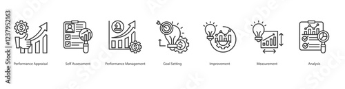 Service Quality Icon Sheet Performance Appraisal, Self Assessment, Performance Management, Goal Setting,  Improvement, Measurement, Analysis