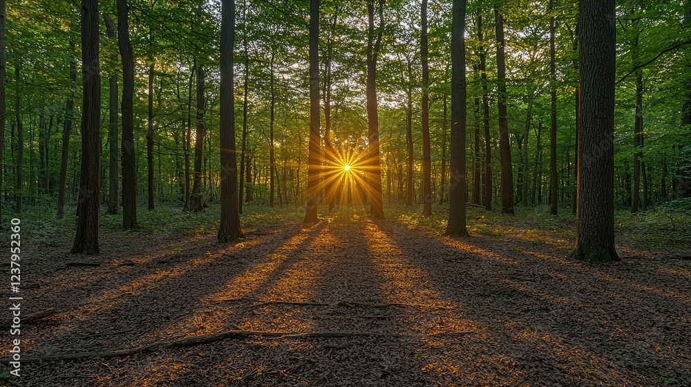 Fototapeta premium Sunbeams Illuminate a Forest Path at Sunset