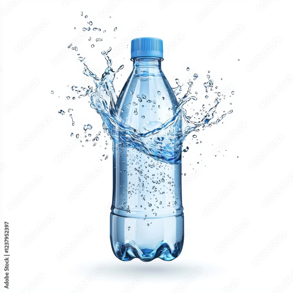 flying bottle of mineral water with clear water splashing mid-air, isolated on a white background flying bottle of mineral water with clear water splashing mid-air, isolated on a white background