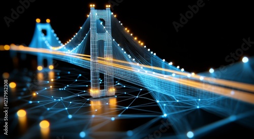 Golden Gate Bridge Made of Orange and Blue Data Points, Intricate Lines, and Dots