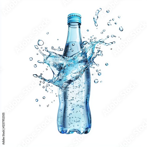 flying bottle of sparkling water with fizzy bubbles and splashes, isolated on a white background photo