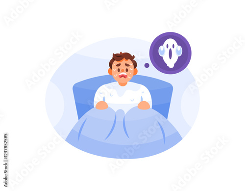 illustration of a man waking up from his sleep because of a ghost dream. fear because of a nightmare. man in bed who is scared. expression and gesture. flat style character design. elements