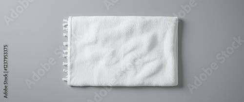 White cotton bath towel mockup – realistic wrinkled fabric texture, flat lay isolated on neutral background photo