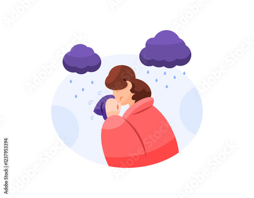 illustration of a woman wearing a blanket and using tissue because of flu. getting a fever and flu due to being caught in the rain. getting a cold due to being caught in the rain. health problems