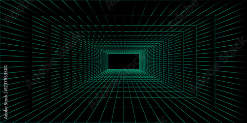 3D wireframe green room. Abstract perspective grid. Retro futuristic concept. Vector illustration.