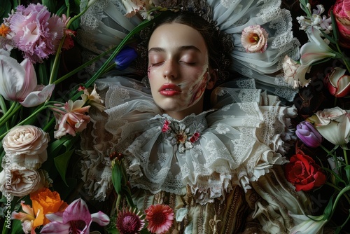 Enigmatic Noblewoman Veiled by Bouquet of Flowers