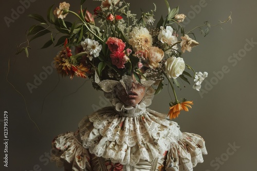 Enigmatic Elegance: A Surreal Noblewoman Hidden by a Bouquet