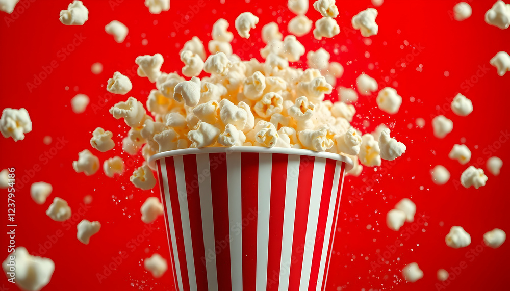 Popcorn explosion, red and white striped bucket, flying popcorn kernels, dynamic action shot, vibrant orange background, high-contrast lighting, cinematic atmosphere, movie theater snack, crisp detail Popcorn explosion, red and white striped bucket, flying popcorn kernels, dynamic action shot, vibrant orange background, high-contrast lighting, cinematic atmosphere, movie theater snack, crisp detail