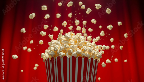 Wallpaper Mural Popcorn explosion, red and white striped bucket, flying popcorn kernels, dynamic action shot, vibrant orange background, high-contrast lighting, cinematic atmosphere, movie theater snack, crisp detail Torontodigital.ca