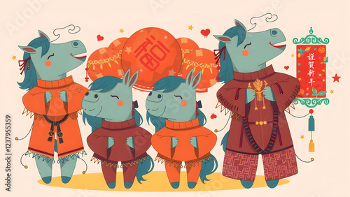 Cartoon cute horses character set holding Red Packet - AI generated