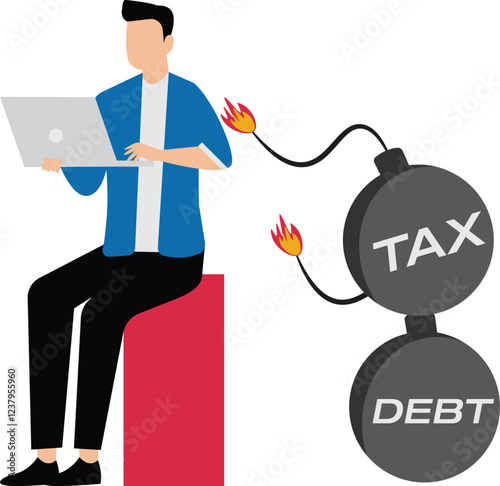 Working hard to earn money to pay off debts and taxes, debt and tax pressures, heavy work pressures, family financial pressures, two bombs on the back of the businessman trying to sit down to work