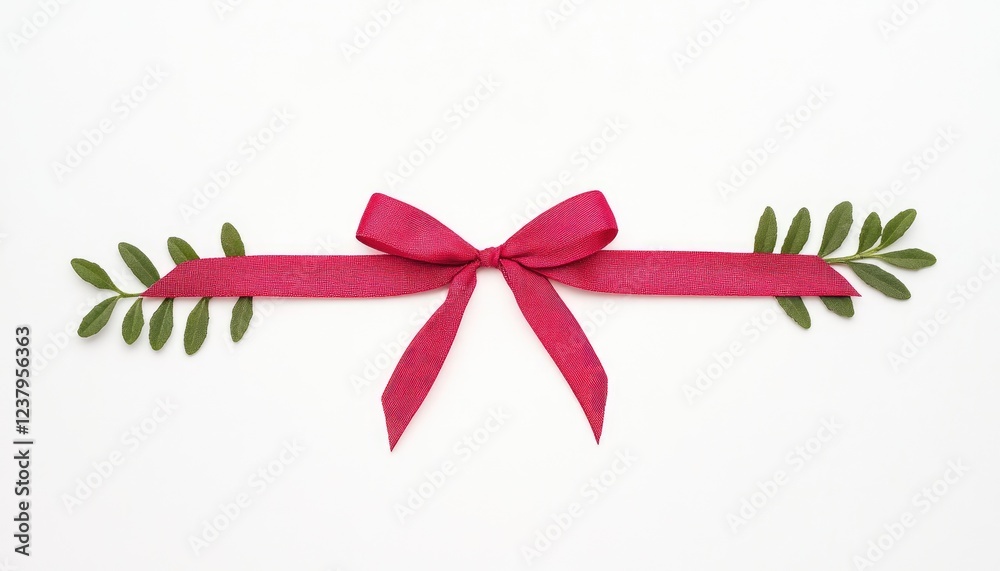 Vibrant pink ribbon with a bow and green leaves arranged symmetrically on a white background Vibrant pink ribbon with a bow and green leaves arranged symmetrically on a white background