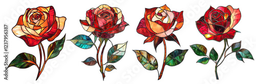 Set of elegant stained glass roses with vibrant colors, isolated on transparent cutout background