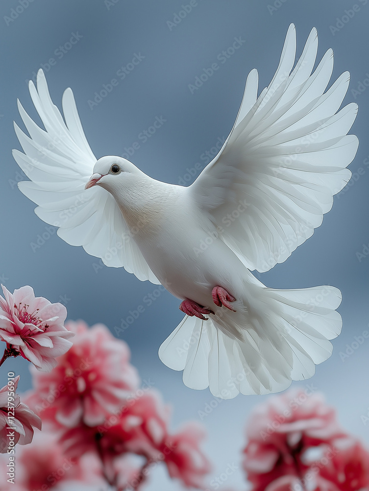 Fototapeta premium White dove flying above pink blossoms.