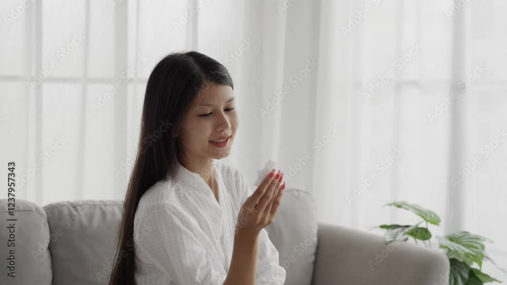 Asian woman in bathrobe applying skincare, take care of your facial skin Asian woman in bathrobe applying skincare, take care of your facial skin