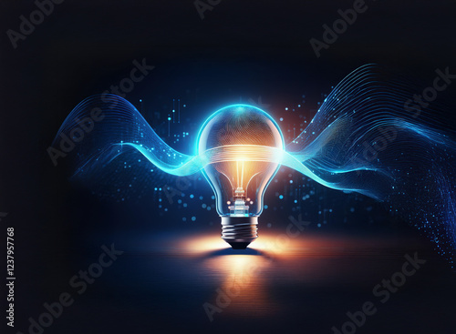 A glowing lightbulb, encircled by dynamic, swirling energy waves, sits on a dark surface.  The image suggests innovation, power, and new ideas. photo