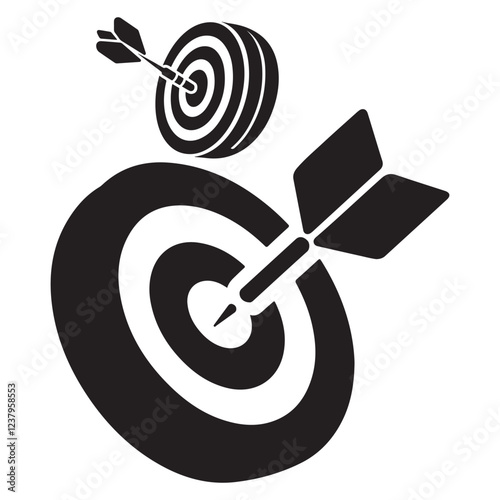 A vector illustration of a sleek and modern business icon. There's a dart hitting the bullseye on a dartboard. The dartboard is placed on a circular base. The background is white. The overall 