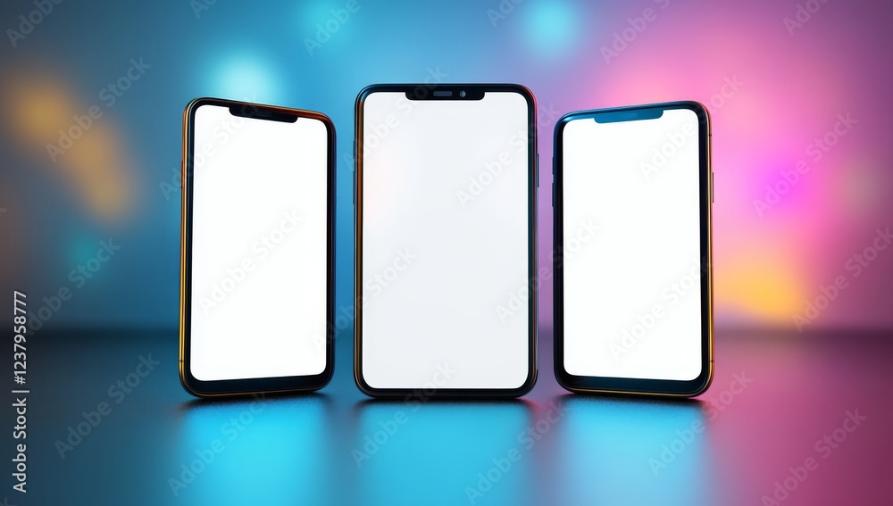 3D Render of Three Mobile Phones with Neon Light Reflection on Dark Background 3D Render of Three Mobile Phones with Neon Light Reflection on Dark Background