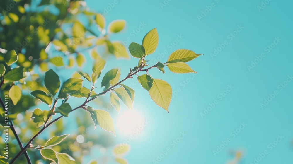 Green leaves on a tree branch with sunlight against a blue sky background, with copy space for concept. Green leaves on a tree branch with sunlight against a blue sky background, with copy space for concept.