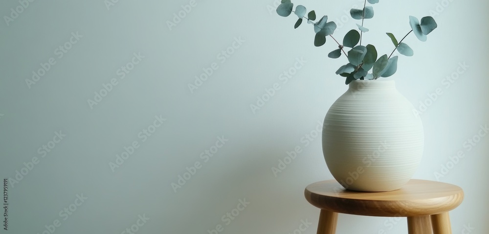 Obraz premium Vase with Eucalyptus Leaves on Small Wooden Stool Against White Background