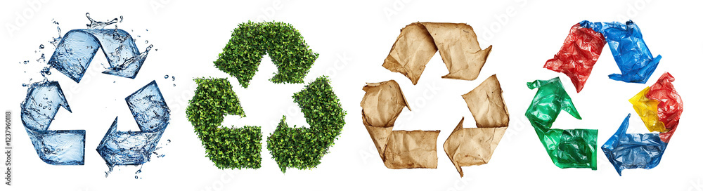 Set of recycle symbols made of water splashes, green leaves, vintage paper, and colorful plastic trash, isolated on transparent cutout background Set of recycle symbols made of water splashes, green leaves, vintage paper, and colorful plastic trash, isolated on transparent cutout background