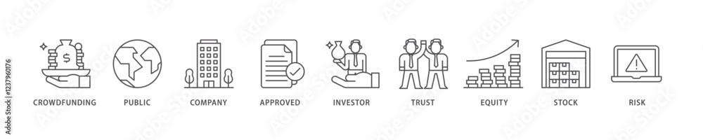 Ipo icon set flow process which consists of crowdfunding, public company, approved, investor, trust, equity, stock and risk icon live stroke and easy to edit . Ipo icon set flow process which consists of crowdfunding, public company, approved, investor, trust, equity, stock and risk icon live stroke and easy to edit .