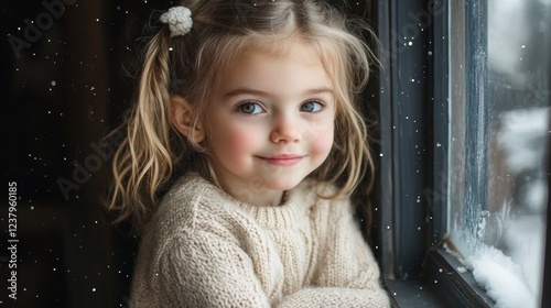 adorable little girl by window in winter