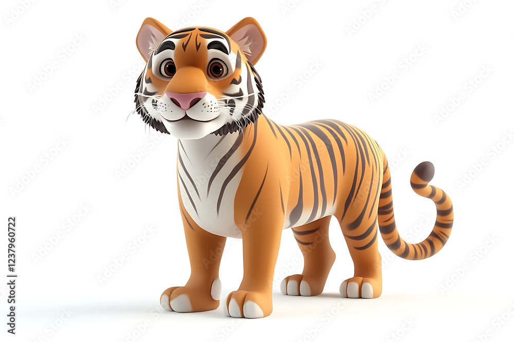 Obraz premium tiger on a white background, tiger on a blank white background, a tiger, tiger, cute tiger, white background, copy space for add text, 3d rendering, 3d, vector, AI generative